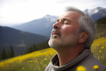 Medium shot portrait photography of a man in his 50s practicing mindfulness sophrology relaxation & stress-reduction wearing a cozy sweater against an alpine meadow or mountain wildflowers background - obrazy, fototapety, plakaty