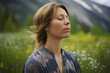 Portrait photography of a woman in her 30s practicing mindfulness sophrology relaxation & stress-reduction wearing a chic cardigan against an alpine meadow or mountain wildflowers background - obrazy, fototapety, plakaty