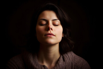 Close up portrait of a young woman with closed eyes on black background