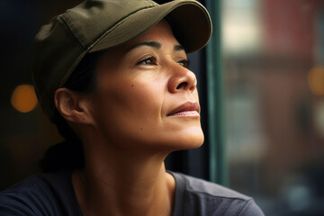 Portrait of a beautiful young woman in cap and t-shirt looking away