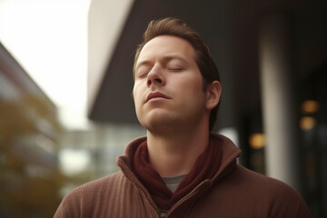Medium shot portrait photography of a man in his 30s practicing mindfulness sophrology relaxation & stress-reduction wearing a cozy sweater against a modern architectural background