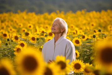 Fototapeta premium Senior woman standing in sunflowers field and looking away with smile