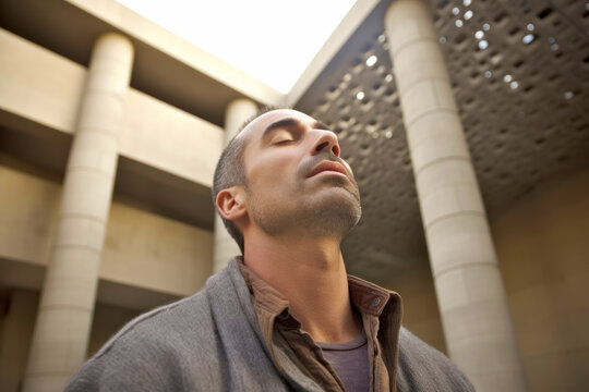 Medium shot portrait photography of a man in his 40s practicing mindfulness sophrology relaxation & stress-reduction wearing a cozy sweater against a modern architectural background