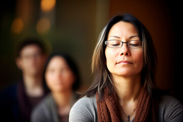 Group portrait photography of a woman in her 40s practicing mindfulness sophrology relaxation & stress-reduction wearing a cozy sweater against an office or corporate background