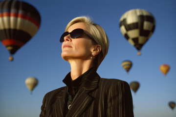 Businesswoman with sunglasses on the background of hot air balloons in the sky
