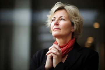 Medium shot portrait photography of a woman in her 50s practicing mindfulness sophrology relaxation & stress-reduction wearing a chic cardigan against an office or corporate background