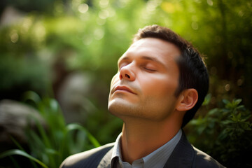 Young man with closed eyes in a park on a sunny summer day