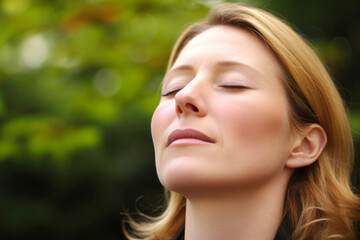 Close up portrait of a beautiful young woman with closed eyes, outdoors