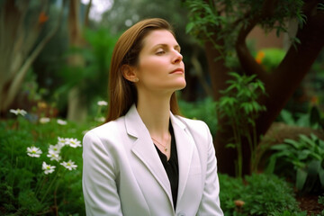 Portrait of a beautiful young woman in a white suit in the garden