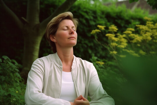 Group portrait photography of a woman in her 40s practicing mindfulness sophrology relaxation & stress-reduction wearing a comfortable tracksuit against a garden or botanical background
