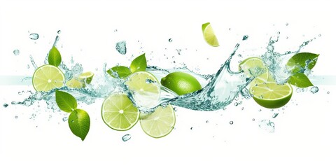 water splash with mint leaves, slices of lime and ice cubes isolated on white background © zolfqar