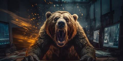Image of an angry brown bear and flames wildlife animals illustration generative ai