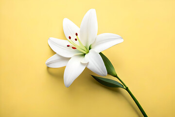 Top view, White lily head on soft yellow background, flat lay
