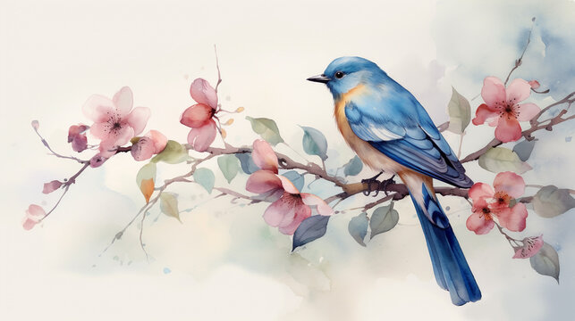 Watercolor Hand Drawn Sketch - Illustration of bird on a branch of a sakura