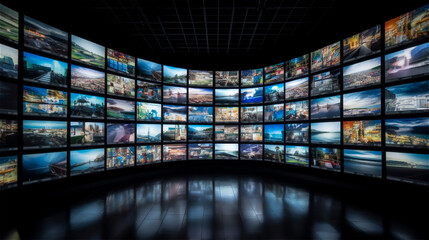 a large wall with running monitors, generative AI