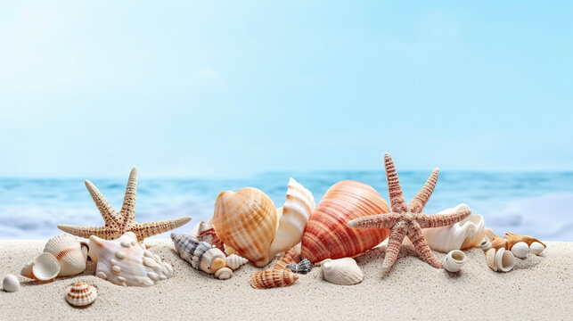 Seashells and starfish on a white beach sand with a sea on background. Summer concept. AI