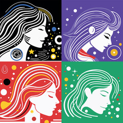 The outline of a woman on a black background, in the style of art deco geometric shapes, naive style, cosmic abstraction, simplified and stylized portraits, stenciled iconography, colorful curves, lig