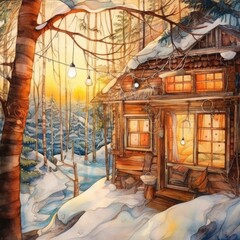Watercolor wooden cabin in the woods with lights on in winter Generative Ai