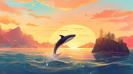 Deurstickers クジラのいる風景3:AI生成  © 健二 恵藤