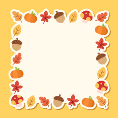 Obraz premium Autumn square frame with with leaves, pumpkins and acorns. Modern vector illustration. Halloween, Thanksgiving border template.