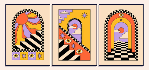 Set of vintage tarot hippie styled posters with surreal abstract arch doorways and architecture for wall art decoration print or cards or music album covers. Vector illustration - obrazy, fototapety, plakaty