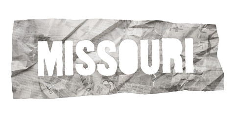 Missouri state name cut out of crumpled newspaper in retro stencil style isolated on transparent background