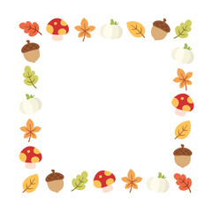 Autumn square frame with with leaves, pumpkins and acorns. Modern vector illustration. Halloween, Thanksgiving border template.