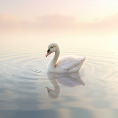 Obraz premium Beautiful white swan swimming on the lake in foggy morning.