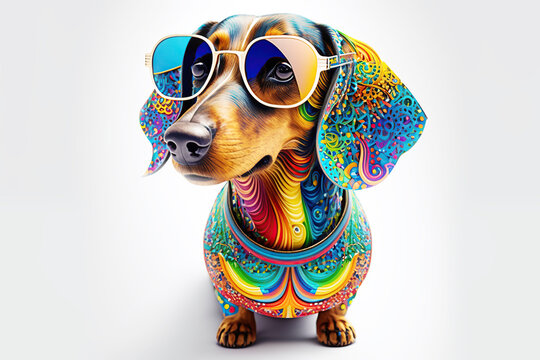 Cartoon colorful dog with sunglasses on white background, dachshund. Created with generative AI