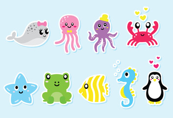 Adorable set of cute fully editable animals living in water. 