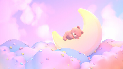 3d rendered cartoon bear sleeping on the moon.