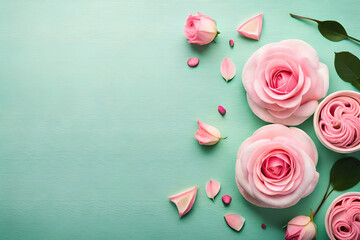 Top view of pink roses frame on a pastel green background with copy space, flat lay