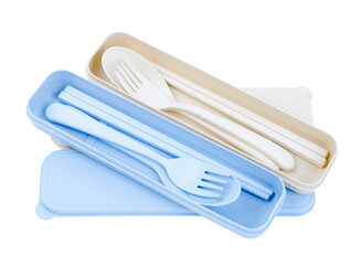 The Plastic spoons, forks and chopsticks set isolated on white background. Saved clipping path.