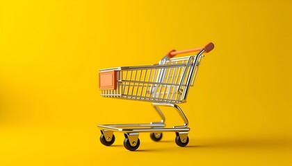 Shopaholic. Buyer. Shopping concept. Close-up. Isolated shopping trolley on a yellow background.