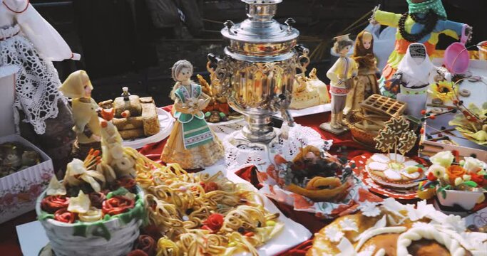 Traditional Folk Event. Sweet Pastry And Russian Samovar. Table With Sweets, Pancakes And Pies. Traditional Russian Tea Drinking During Celebration National Traditional Holiday Maslenitsa.
