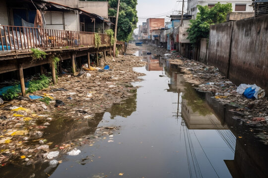 Waterway clogged with plastic pollution and other garbage