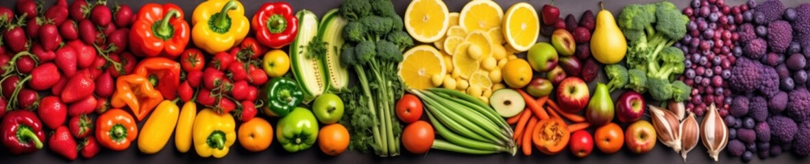 Assortment of fresh fruits and vegetables in rainbow colors. AI generative illustration.