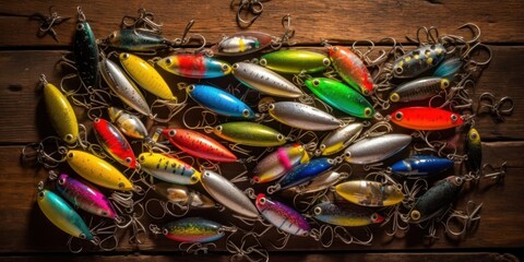 Lot of multicolored fishing lures on a wooden background. AI generative illustration.