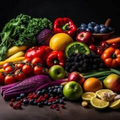Fototapeta na wymiar Assortment of fresh fruits and vegetables in rainbow colors. AI generative illustration.