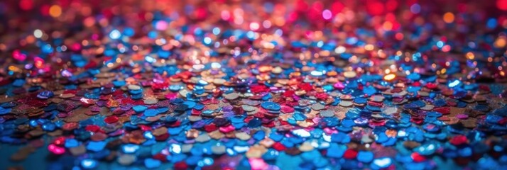 Blue and red glow confetti particles with amazing bokeh with magical sparkles. AI generative illustration.