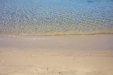 Sandy empty beach, ocean Aegean sea water close up. Greece summer vacation, Cyclades island. Space