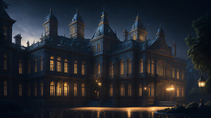 Fototapeta na wymiar city castle at night, Ai Generative