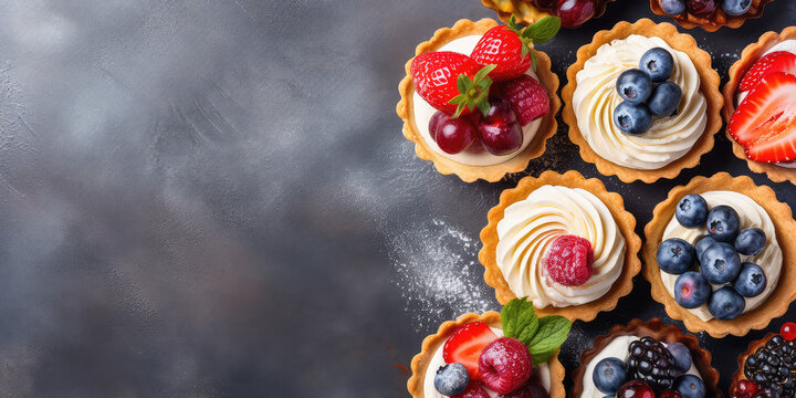 Delicious sand dough tartlets with vanilla cream swirl, blueberries, raspberries, strawberries, blackberries isolated on grey table background, top view, copy space. Generative AI photo imitation.