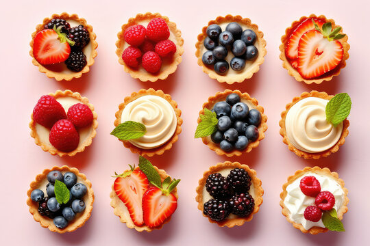 Delicious sand dough tartlets with vanilla cream swirl, blueberries, raspberries, strawberries, blackberries isolated on pastel beige background, top view, copy space. Generative AI photo imitation.