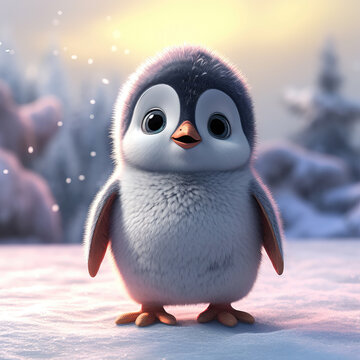 3D rendering of a cute penguin standing in the snow at sunset