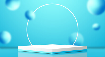 3D realistic vector podium on blue background with flying sphere for advertising, websites, online store, product display, minimal scene room.