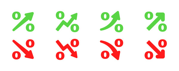 Set of percentage arrows vector icons. Green and red percent arrow with up and down. Growth and decrease. Arrows with increase or reduce.
