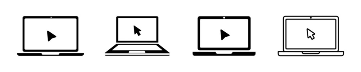 Set of laptop with computer mouse vector icons. Monitor with pointer or cursor. Notebook and arrow. Vector 10 Eps.