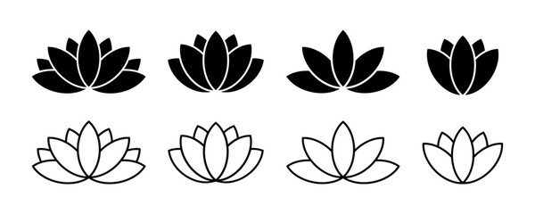 Set of lotus flowers vector icons. Relax, calm and harmony symbol. Black line icons.