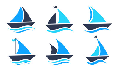 Set of sail boat vector icons. Silhouette with sailboat and blue sea wave. Nautical yacht or sailboat.